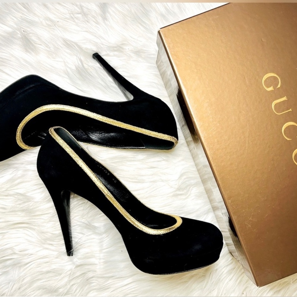 GUCCI heels suede stiletto pumps black gold size 10/40